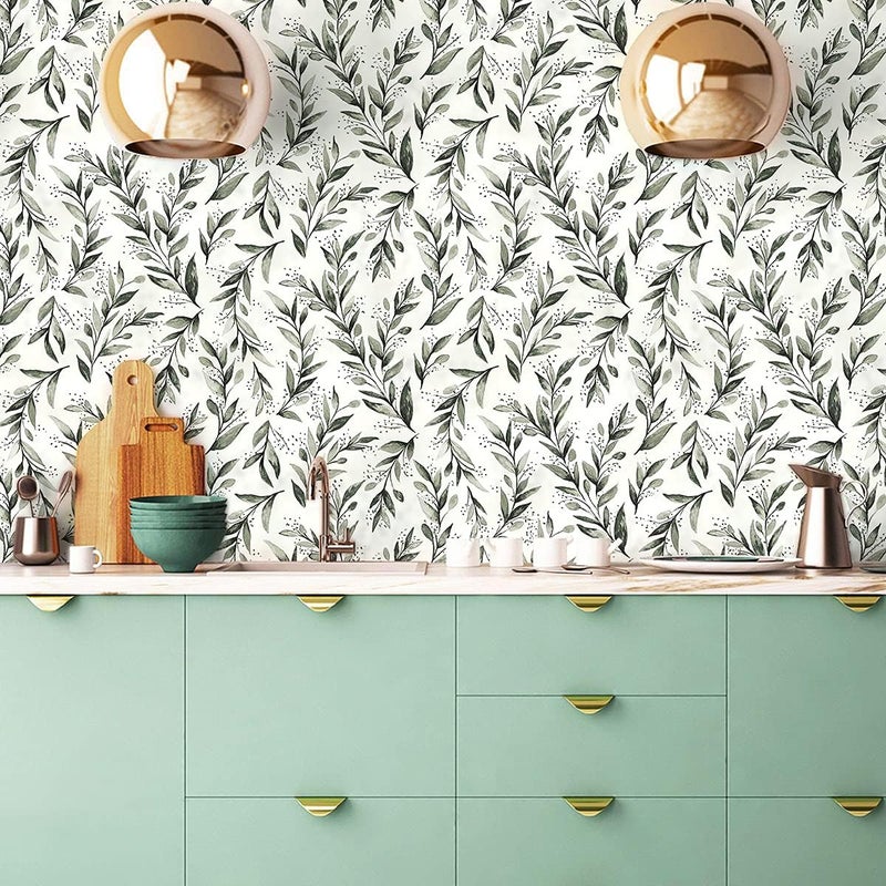 Livebor Olive Leaf Wallpaper Peel and Stick Leaf Contact Paper 17.7inch x 236.2inch Sage Green Peel and Stick Wallpaper Modern Farmhouse Wall Paper Neutral Removable Self Adhesive Decorative Vinyl - Image 3